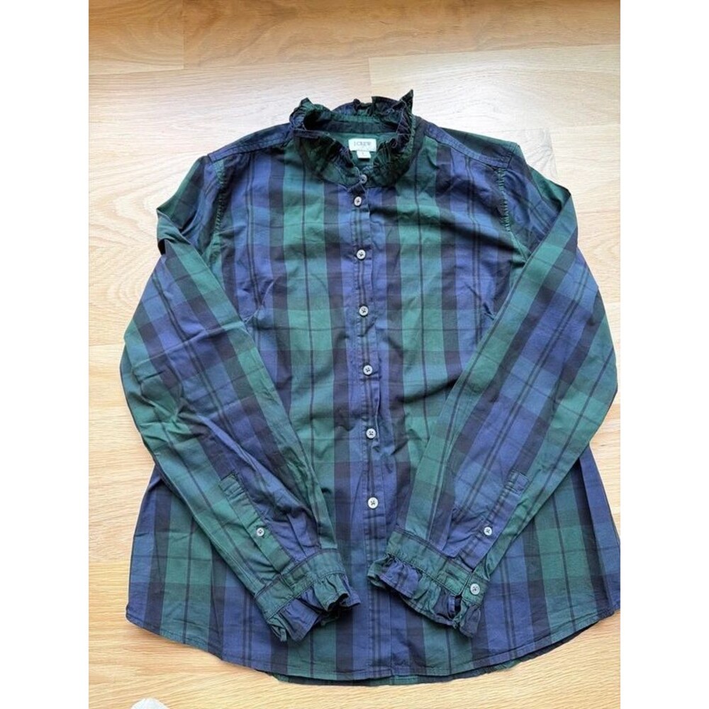 J.Crew women’s green navy plaid ruffle button down shirt size L Large